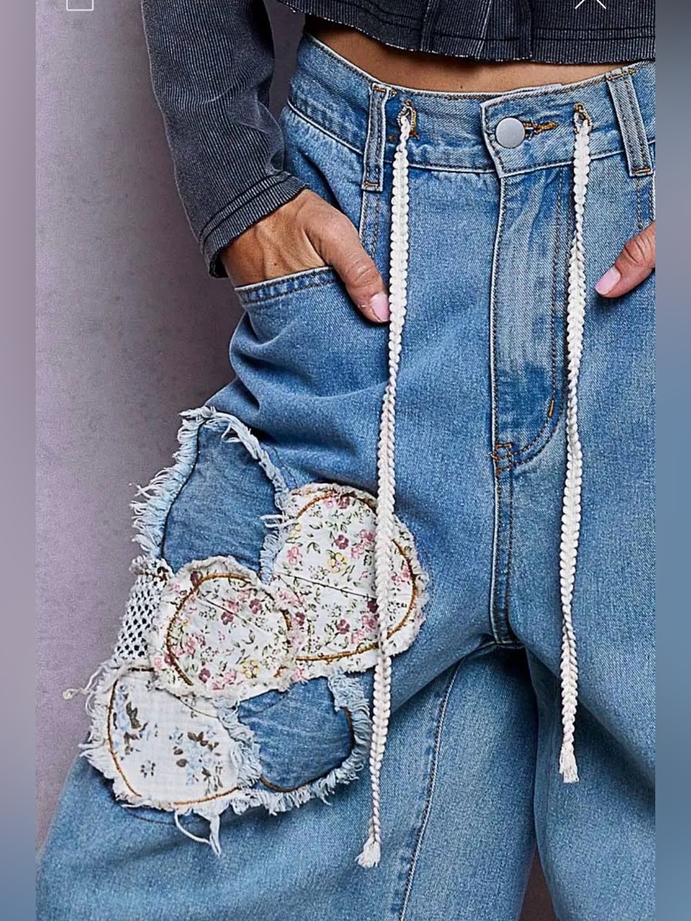 POL floral lace patchwork embroidered stitch bohemian floral pants jeans - Picture 5 of 5
